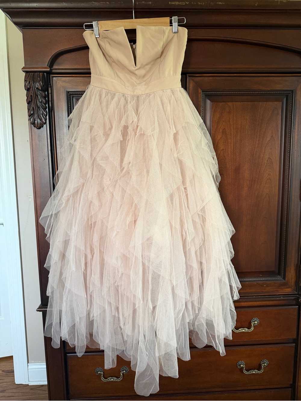 AKIRA Strapless Blush Pink Tulle Ruffle Gown